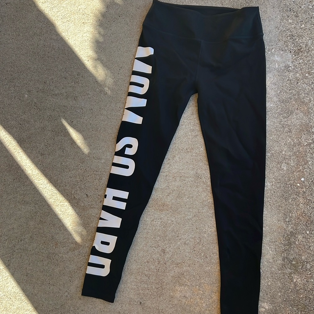 SweeTees 85%nylon 15% spandex size small work out pants w/ graphic MOM SO HARD